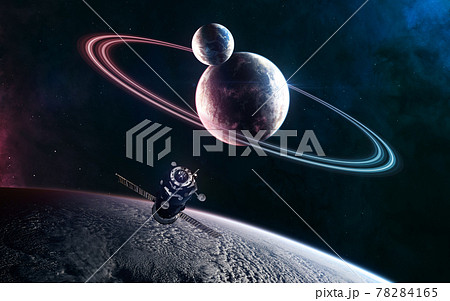 Deep space planets in light of blue and red star. Orbital space station Deep space planets in light of blue and red star. Orbital space station 78284165