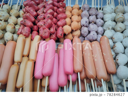 Sausage sticks and various meatballs sticks made from pork. Sausage sticks and various meatballs sticks made from pork. 78284627