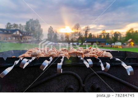 Russia. Leningrad region. May 15, 2021. Cooking meat shish kebab on a cast-iron grill in nature using skewers. 78284745