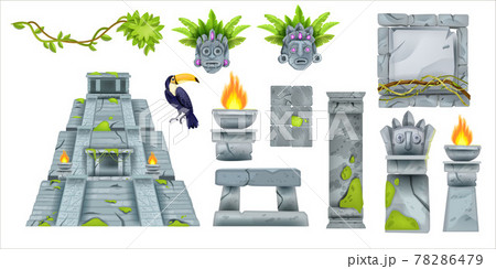 Aztec maya ancient culture set, vector cartoon totem tribal elements, ancient pyramid, sign board Aztec maya ancient culture set, vector cartoon totem tribal elements, ancient pyramid, sign board 78286479