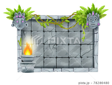 Vector stone sign board, cartoon game rock jungle background, tiki mask, maya warrior face, tile 78286480
