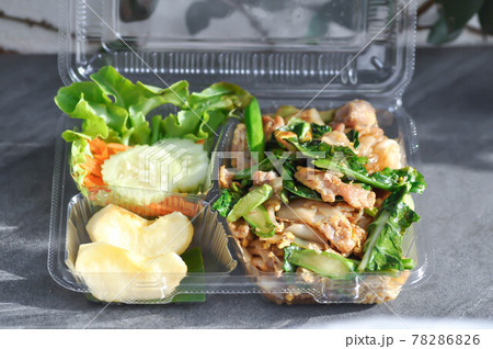 stir fried noodles with pork and vegetable in the box stir fried noodles with pork and vegetable in the box 78286826