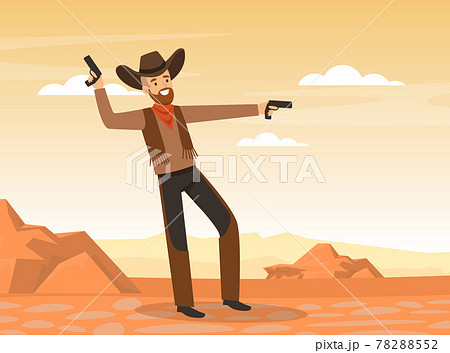 Scene of Wild West with Cowboy Shooting with Revolvers on Desert Landscape Vector Illustration Scene of Wild West with Cowboy Shooting with Revolvers on Desert Landscape Vector Illustration 78288552