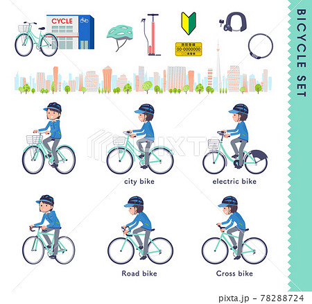 色々な自転車に乗る配送員女性のセットのイラスト素材 [78288724] - PIXTA