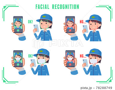 スマホで顔認証をしている配送員女性のセット 78288749