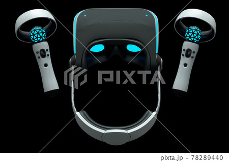 Virtual reality glasses and controllers for online gaming on black background Virtual reality glasses and controllers for online gaming on black background 78289440