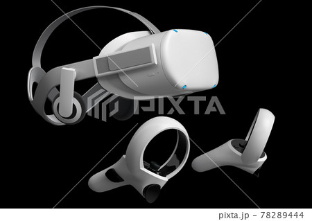 Virtual reality glasses and controllers for online gaming on black background 78289444