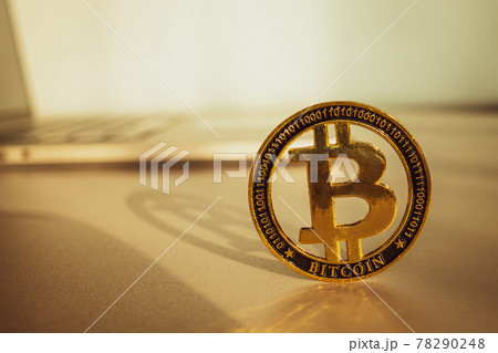 Bitcoin business. Gold Crypto currency BTC Bitcoin on black background. Golden Bit Coin virtual cryptocurrency or blockchain technology. Virtual money and mining concept. 78290248