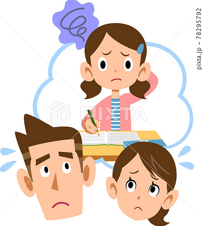 学校の授業についていけない娘を心配する両親 78295792