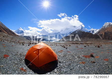 Camping facing beautiful glacier mountains in tibet,China Camping facing beautiful glacier mountains in tibet,China 78296667