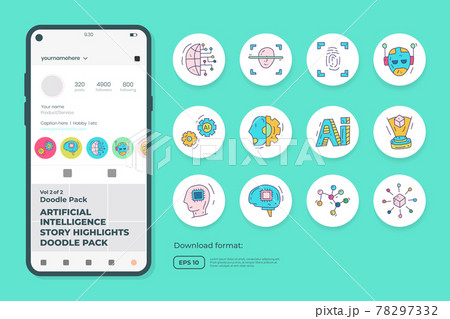 Artificial intelligence AI concept with circuit board data and brains chip for engineering, development, brainstorming. Hand drawn doodle icons set vector for social media Highlight Stores Cover Artificial intelligence AI concept with circuit board data and brains chip for engineering, development, brainstorming. Hand drawn doodle icons set vector for social media Highlight Stores Cover 78297332