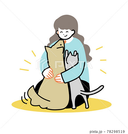 犬と猫を抱きしめる女性のイラスト 犬と猫を抱きしめる女性のイラスト 78298519
