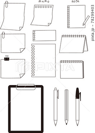 シンプルな白紙のメモとノート アンケート用紙とペンのセットのイラスト素材