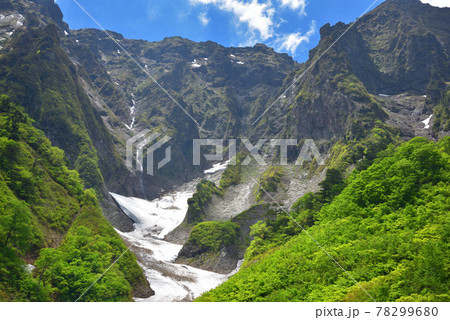 谷川岳一ノ倉沢一ノ沢出合から見る初夏の一ノ倉沢の雪渓と岩壁 谷川岳一ノ倉沢一ノ沢出合から見る初夏の一ノ倉沢の雪渓と岩壁 78299680