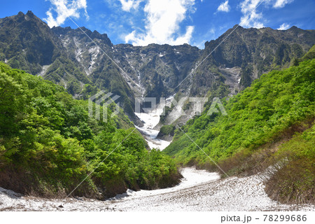谷川岳一ノ倉沢出合付近から見た初夏の一ノ倉沢の雪渓と岩壁 78299686