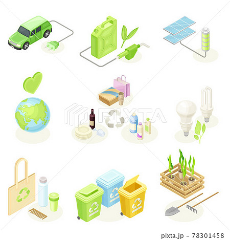 Ecology and Environment Protection and Conservation with Recycling, Electric Car and Solar Panel Isometric Vector Set 78301458