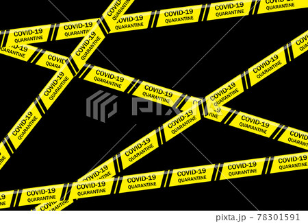 Biohazard Coronavirus yellow warning tapes against black background. Worldwide pandemic COVID-19, 2019-nCoV, SARS-CoV-2. Infectious disease. Close up Biohazard Coronavirus yellow warning tapes against black background. Worldwide pandemic COVID-19, 2019-nCoV, SARS-CoV-2. Infectious disease. Close up 78301591
