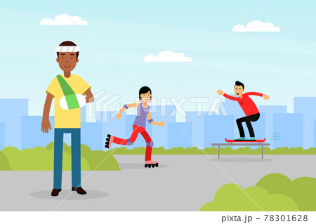 Disabled Teenager Boy with Hand Fracture Having Bandage Standing Outdoor Vector Illustration 78301628