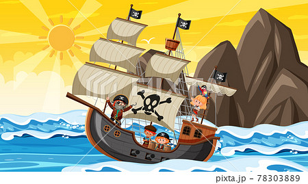 Ocean with Pirate ship at sunset scene in cartoon style 78303889