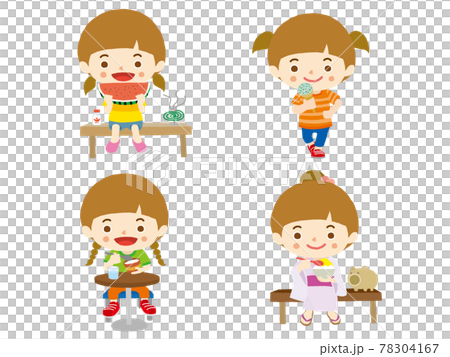 夏のデザート アイス かき氷 スイカ を食べる女の子のイラスト素材
