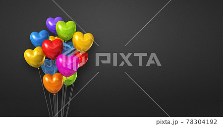 Colorful heart shape balloons bunch on a black wall background. Horizontal banner. Colorful heart shape balloons bunch on a black wall background. Horizontal banner. 78304192