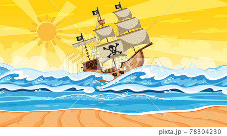 Beach scene at sunset time with Pirate ship in cartoon style 78304230