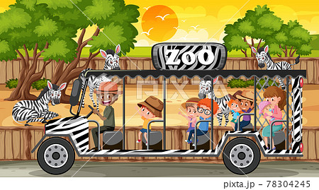 Safari at sunset time scene with many children watching zebra group Safari at sunset time scene with many children watching zebra group 78304245