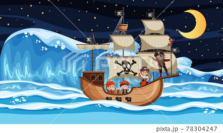 Ocean with Pirate ship at night scene in cartoon style 78304247