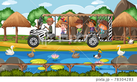 Kids tour in the Safari scene with many ducks in the pond Kids tour in the Safari scene with many ducks in the pond 78304283