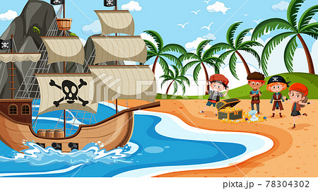 Treasure Island scene at daytime with Pirate kids Treasure Island scene at daytime with Pirate kids 78304302