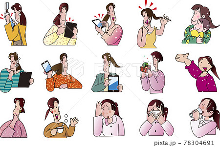 女性の上半身のポーズ15体 表情 アイコン 場面 のイラスト素材