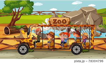 Safari scene with children watching duck group 78304796