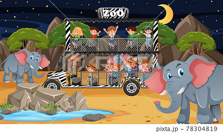 Safari at night scene with many kids watching elephant group 78304819