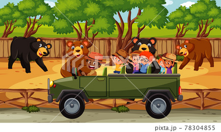 Safari scene with many bears and kids on tourist car 78304855