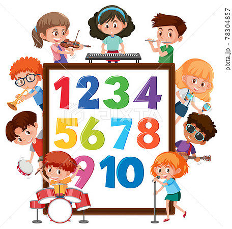 Number 0 to 9 on banner with many kids doing different activities 78304857