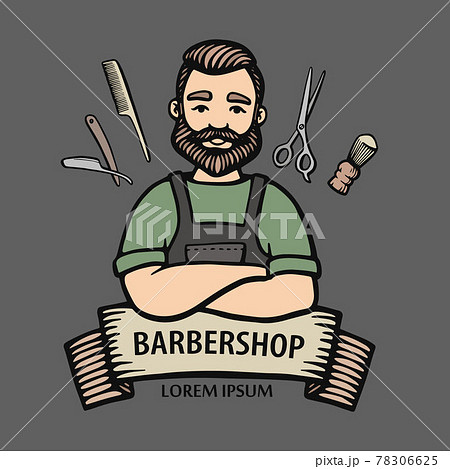 Barbershop logo. Hand-drawn hipster dude with mustache, beard with ribbon and scissors, comb, shaving brush, razor. Man barber with arms crossed in an apron. Vector line logo. Sticker, logo, Emblem. Barbershop logo. Hand-drawn hipster dude with mustache, beard with ribbon and scissors, comb, shaving brush, razor. Man barber with arms crossed in an apron. Vector line logo. Sticker, logo, Emblem. 78306625