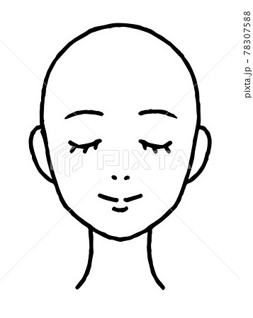 正面を向いて目を閉じた若い女性の顔イラスト 髪なし白黒 のイラスト素材 7075