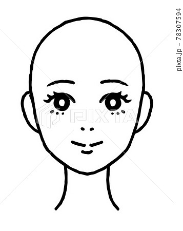 正面を向いた若い女性の顔イラスト 髪なし白黒 のイラスト素材