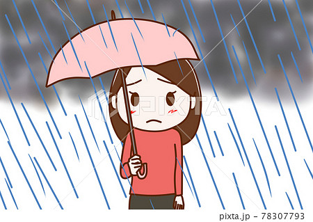 雨がザアザア降ってアンニュイな気持ちになっている女性のイラスト素材