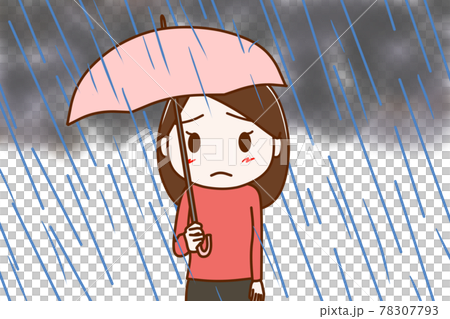 雨がザアザア降ってアンニュイな気持ちになっている女性のイラスト素材