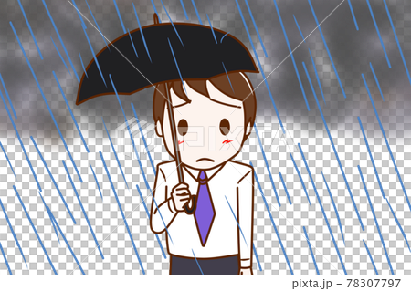 雨がザアザア降ってアンニュイな気持ちになっている男性のイラスト素材