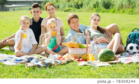 happy large family of six having picnic on green lawn in park happy large family of six having picnic on green lawn in park 78309244