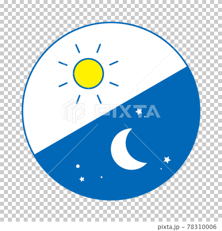 朝と夜イメージ 丸型アイコン 左上から朝 夜 線画 青 のイラスト素材