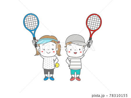 テニスラケットをもって張り切る男の子と女の子 帽子 サンバイザーのイラスト素材
