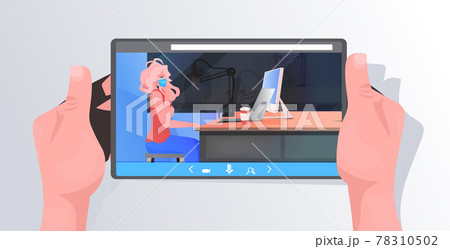 woman in mask giving online speech on tablet screen coronavirus pandemic fight against covid-19 concept 78310502