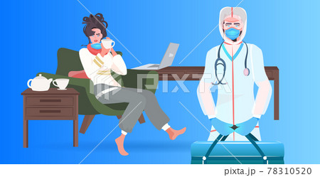doctor in mask with first aid kit examining woman patient covid-19 pandemic concept 78310520