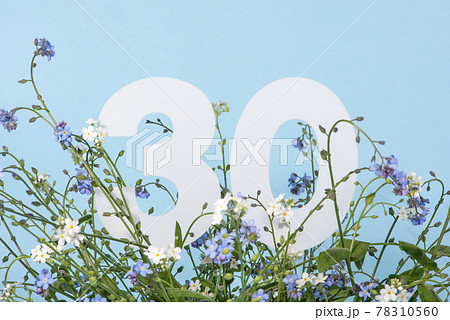 Number thirty among blue forget-me-not flowers. .Birthday, anniversary, jubilee concept. Number thirty among blue forget-me-not flowers. .Birthday, anniversary, jubilee concept. 78310560