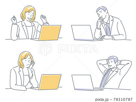 PCを使うビジネスパーソンのシンプルな線画イラストセット 78310787