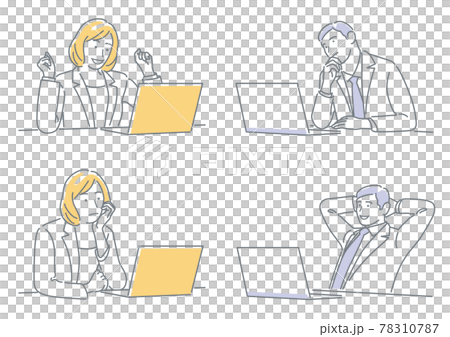 PCを使うビジネスパーソンのシンプルな線画イラストセット 78310787