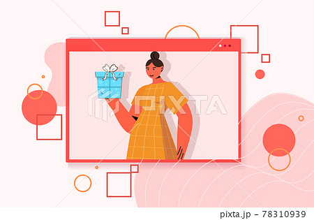 woman celebrating online birthday party girl in computer window holding wrapped gift box 78310939